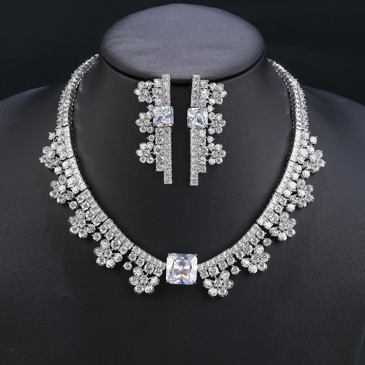 Luxury 2 Piece Flower Necklace Earrings Cubic Zircon Jewelry