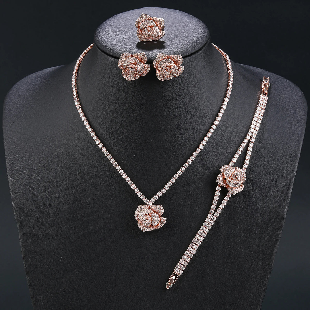 Modern Flower Necklace Set - 4-Piece Bridal Cubic Zirconia Jewelry