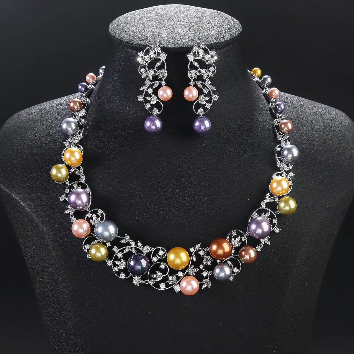 Luxury Cubic Zirconia Colors Pearl Flower Necklace Earrings