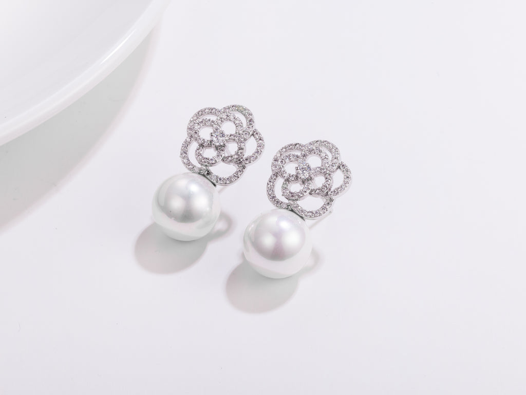 Cubic Zirconia CZ Pearl Wedding Flower Stud Earring CE10285 - sepbridals