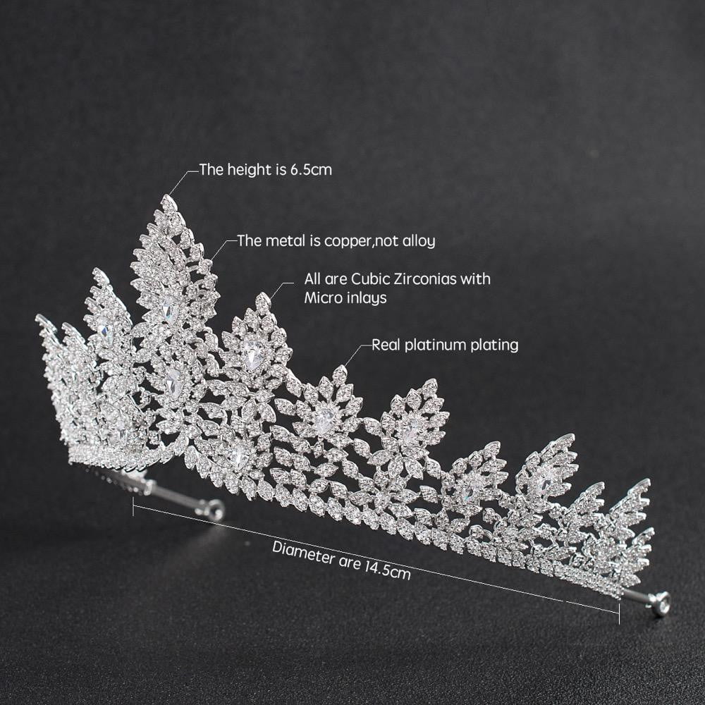 Platinum Plated Copper Wedding Tiara with Cubic Zirconia Crystals Silver Wedding Tiara, Cubic Zirconia Bridal Crown, Royal  main image 4