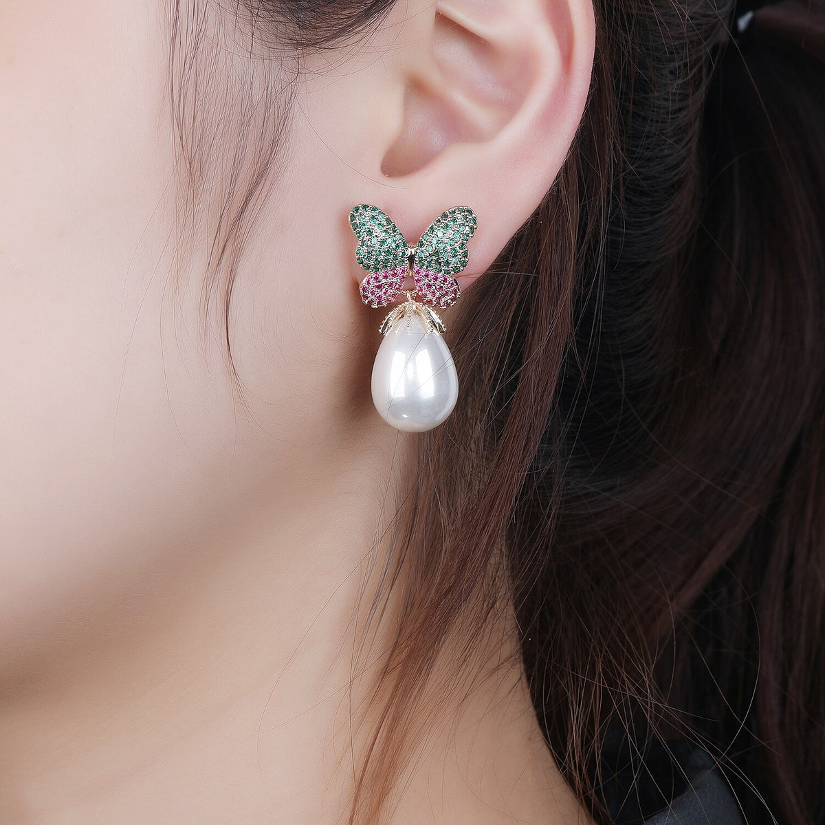 Orecchini a farfalla con zirconi cubici di perle per matrimonio, orecc – Jewelry Orecchini a farfalla con zirconi cubici di perle per matrimonio, orecc – Jewelry