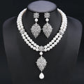 White Blue Green Red Cubic Zirconia Pearl Earrings Necklace Set Women Bridal Wedding Jewelry Costume Accessories - CN11328 - White