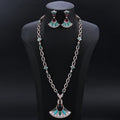 Long Cubic Zirconia Enamel Fan Shaped Pendant Design Necklace Earrings Set Lady Party Accessories - CN11562