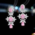 Boucles d'oreilles longues à fleurs en Zircon colorées pour femmes, à la mode, LYX084 - Pink