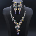 Cubic Zirconia Colors Pearl Bow Flower Necklace Earrings Sets Bridal Wedding - CN11502 - Silver