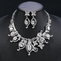 Cubic Zirconia Bridal Wedding Jewelry Set Ladies Party Leaves Necklace Earrings Set - CN11327 - Silver