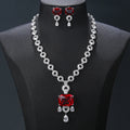 Luxury Elegant Cubic Zirconia Wedding Pendant Necklace Earrings Set Lady Party Accessories Wholesale CN11532 - Red