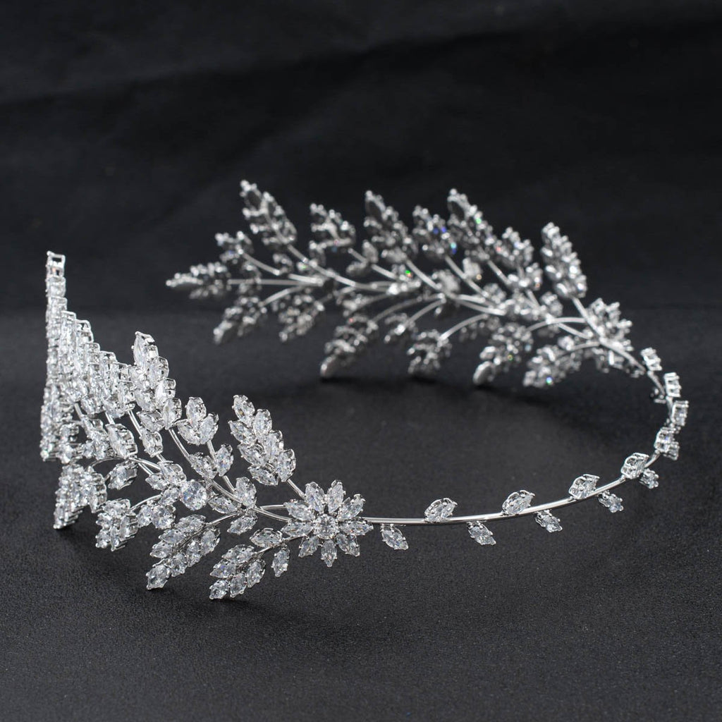 3/4 Round Cubic Zirconia Bridal Wedding Leaves Headband Hair Band Tiara for Women CHA10052 - sepbridals