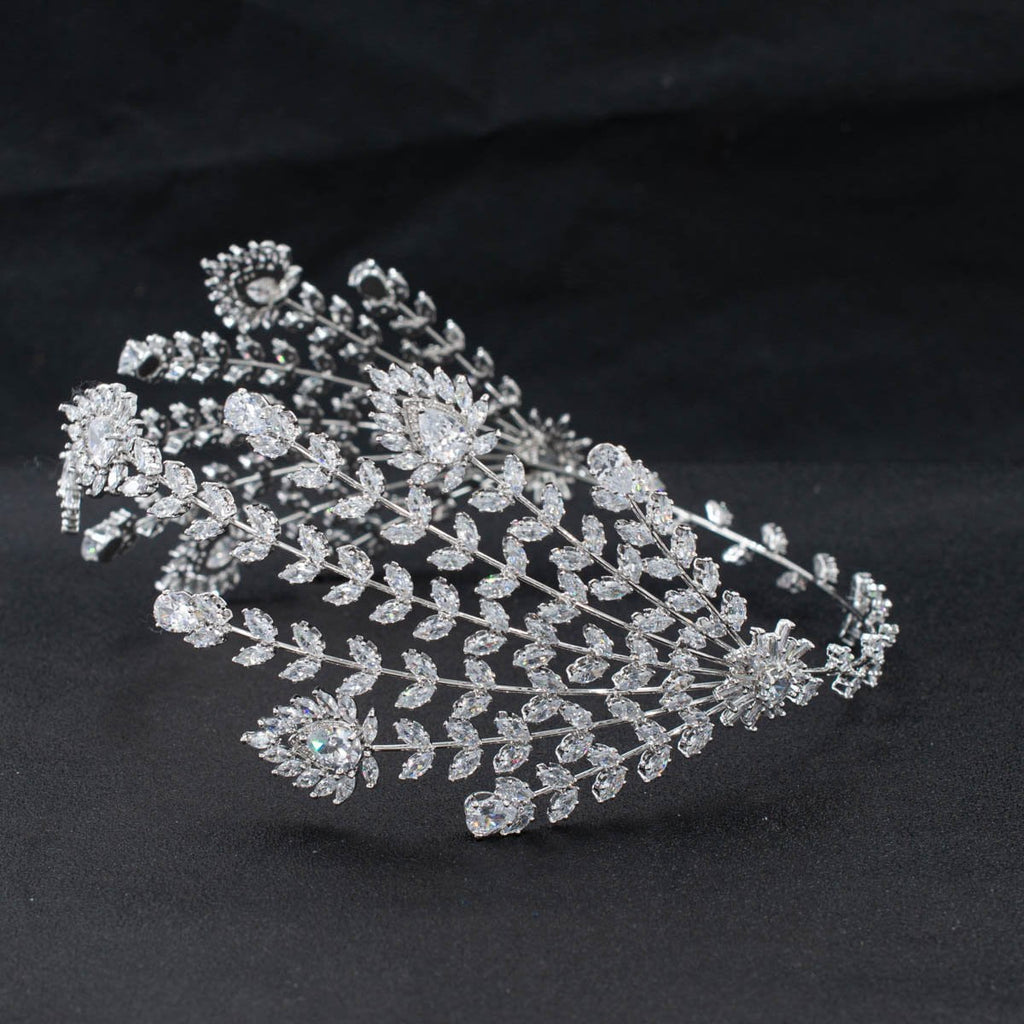 3/4 Round Cubic Zirconia Bridal Wedding Feather Headband Hair Band Tiara for Women CHA10049 - sepbridals