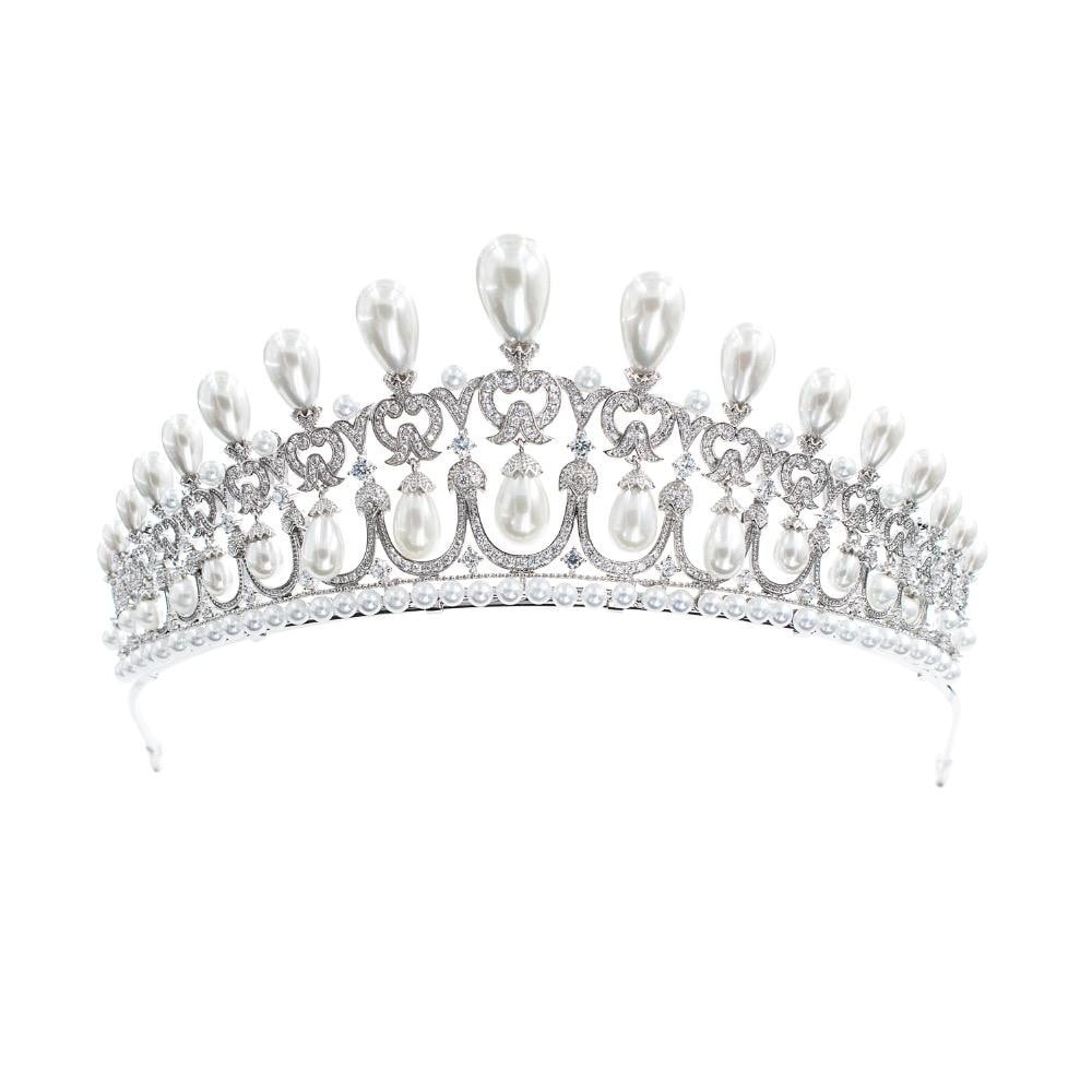 Cubic Zircon Wedding Tiara, Bridal Pearl Tiaras Diadem CH10090