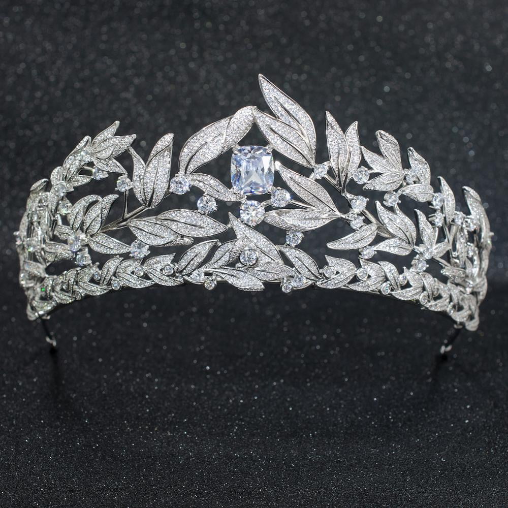 Cubic Zirconia Wedding Bridal Leaves Big Tiara Crown  CH10268 - sepbridals