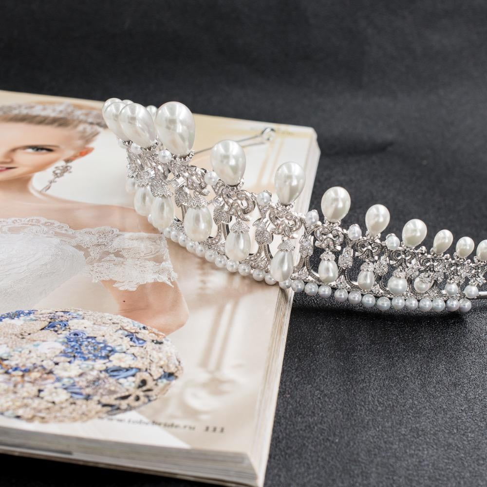 Classiccz cubic zircon dangle pearl wedding bridal tiara  diadem crown CH10090 - sepbridals