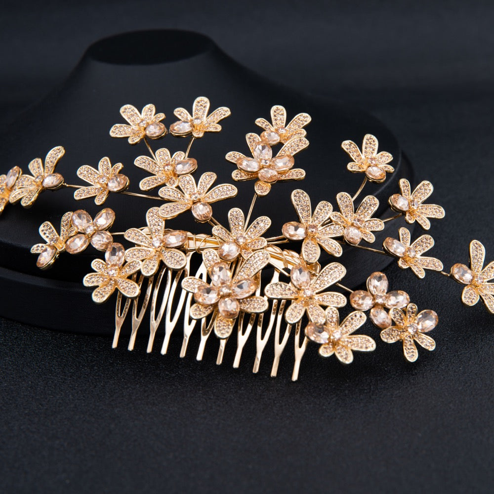 Gold Crystal Cubic Zirconia Bridal Wedding Soft Headband Hairband Tiara THG005GOL - sepbridals