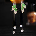 Versión coreana de los nuevos pendientes de circonita cúbica, pendientes largos con borla de hoja de ópalo, pendientes colgantes, pendientes multiusos LYX116 - Green